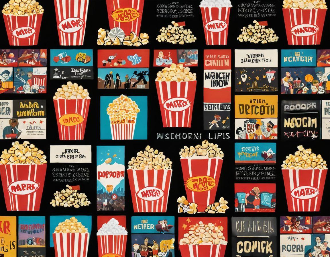 A collage featuring iconic movie scenes and film reels, with vibrant popcorn and a streaming service interface overlay. Include a bright, inviting atmosphere that suggests excitement for movie lovers. Incorporate elements like star ratings and a 'Watch Now' button for a streaming feel. super-realistic. vibrant colors. cinematic style.