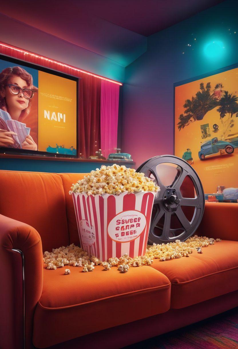 A cinematic montage showcasing iconic movie scenes, featuring a film reel unraveling with details like popcorn, 3D glasses, and a cozy couch. The background is a vibrant film festival atmosphere with colorful lights and film posters. Overlay text says 'Watch for Free!' in a playful font. super-realistic. vibrant colors. cinematic style.
