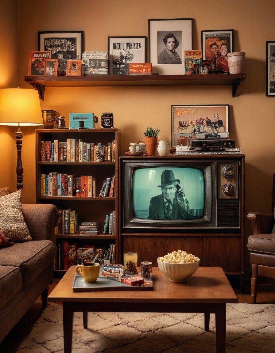 A cozy living room scene featuring a vintage television set displaying iconic classic films, surrounded by old film reels and popcorn bowls. Soft lighting creates a warm atmosphere, and a bookshelf filled with classic movie posters adds charm. Include an inviting sofa and a coffee table with a laptop open to a streaming service page. Nostalgic vibes dominate the image. vibrant colors. cozy atmosphere. super-realistic.